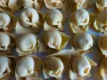 Surowe tortellini ułożone rzędami na jasnym tle.