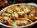 Zapiekane muszle makaronowe conchiglioni z mięsem i serem, posypane natką pietruszki.