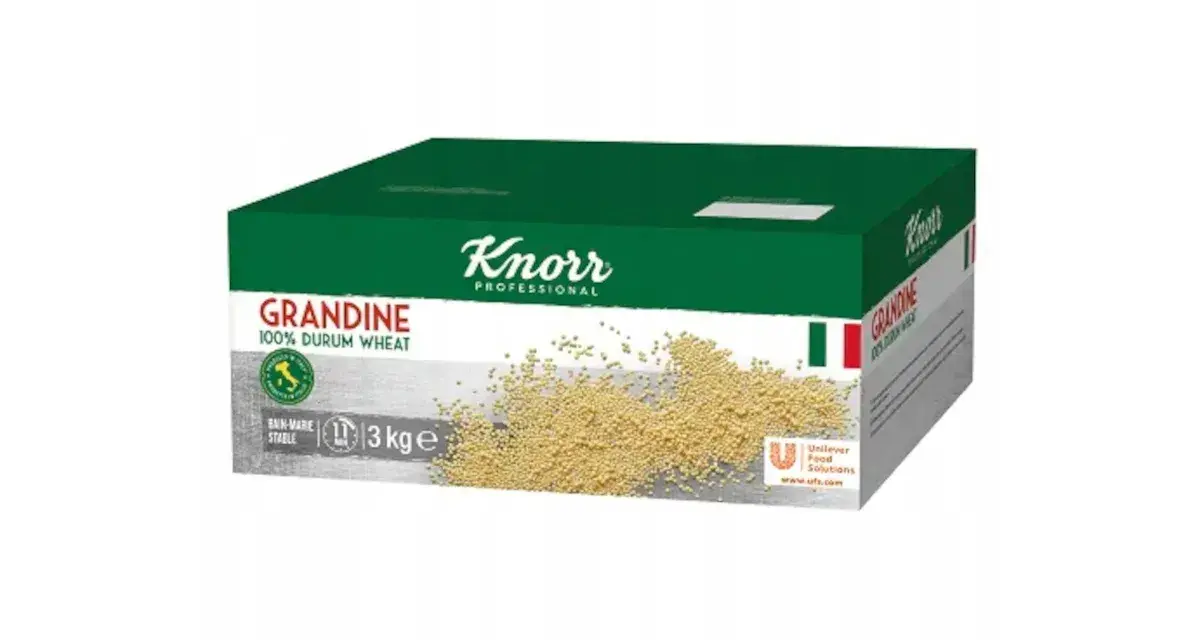 Pudełko makaronu Grandine Knorr Professional 3 kg z widocznym ziarnem.