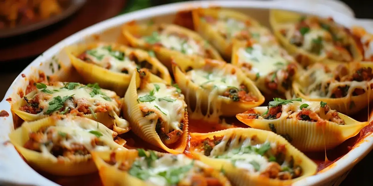 Zapiekane muszle makaronowe conchiglioni z mięsem i serem, posypane natką pietruszki.
