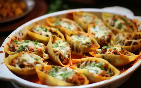 Zapiekane muszle makaronowe conchiglioni z mięsem i serem, posypane natką pietruszki.