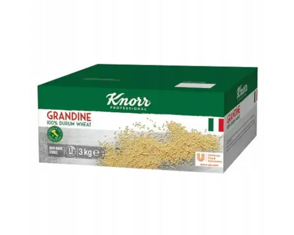 Pudełko makaronu Grandine Knorr Professional 3 kg z widocznym ziarnem.