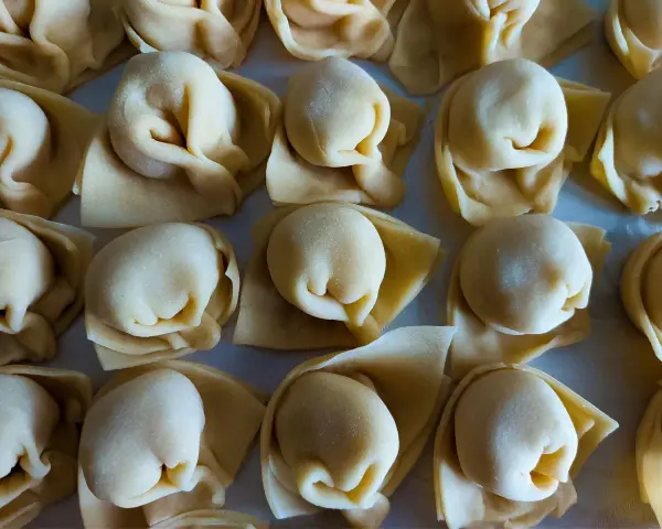 Surowe tortellini ułożone rzędami na jasnym tle.