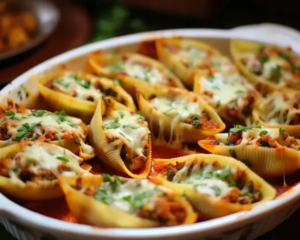 Zapiekane muszle makaronowe conchiglioni z mięsem i serem, posypane natką pietruszki.