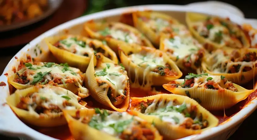 Zapiekane muszle makaronowe conchiglioni z mięsem i serem, posypane natką pietruszki.