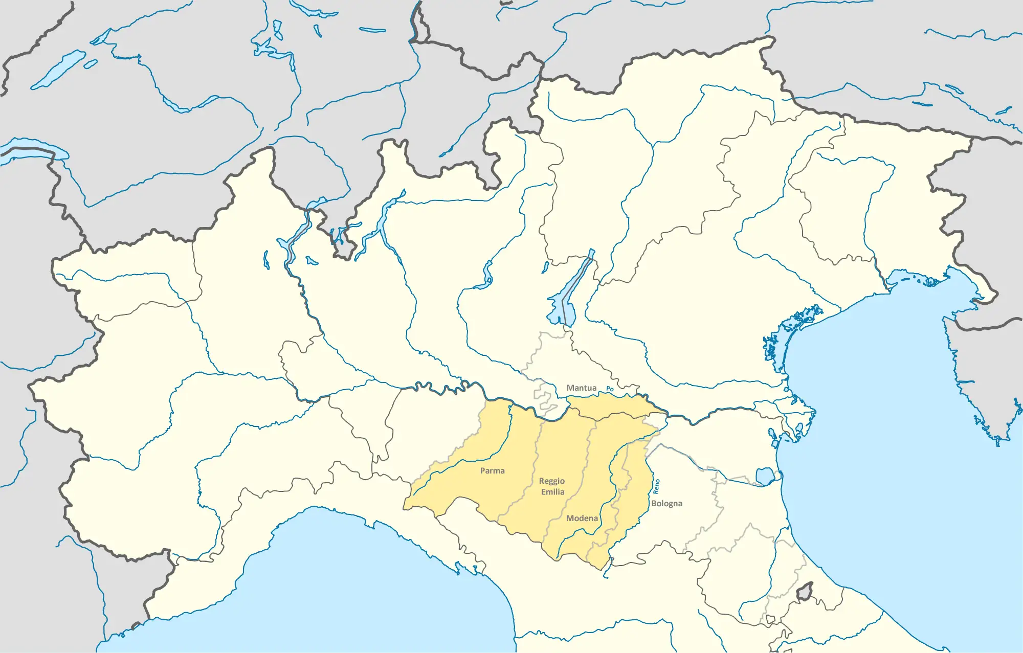 Mapa regionu produkcji Parmigiano Reggiano Włochy