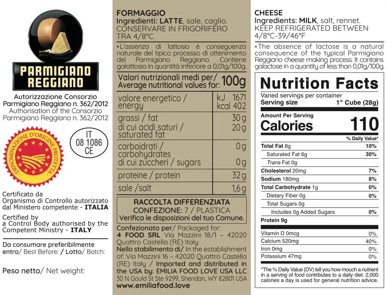 Certyfikat ChNP Parmigiano Reggiano etykieta